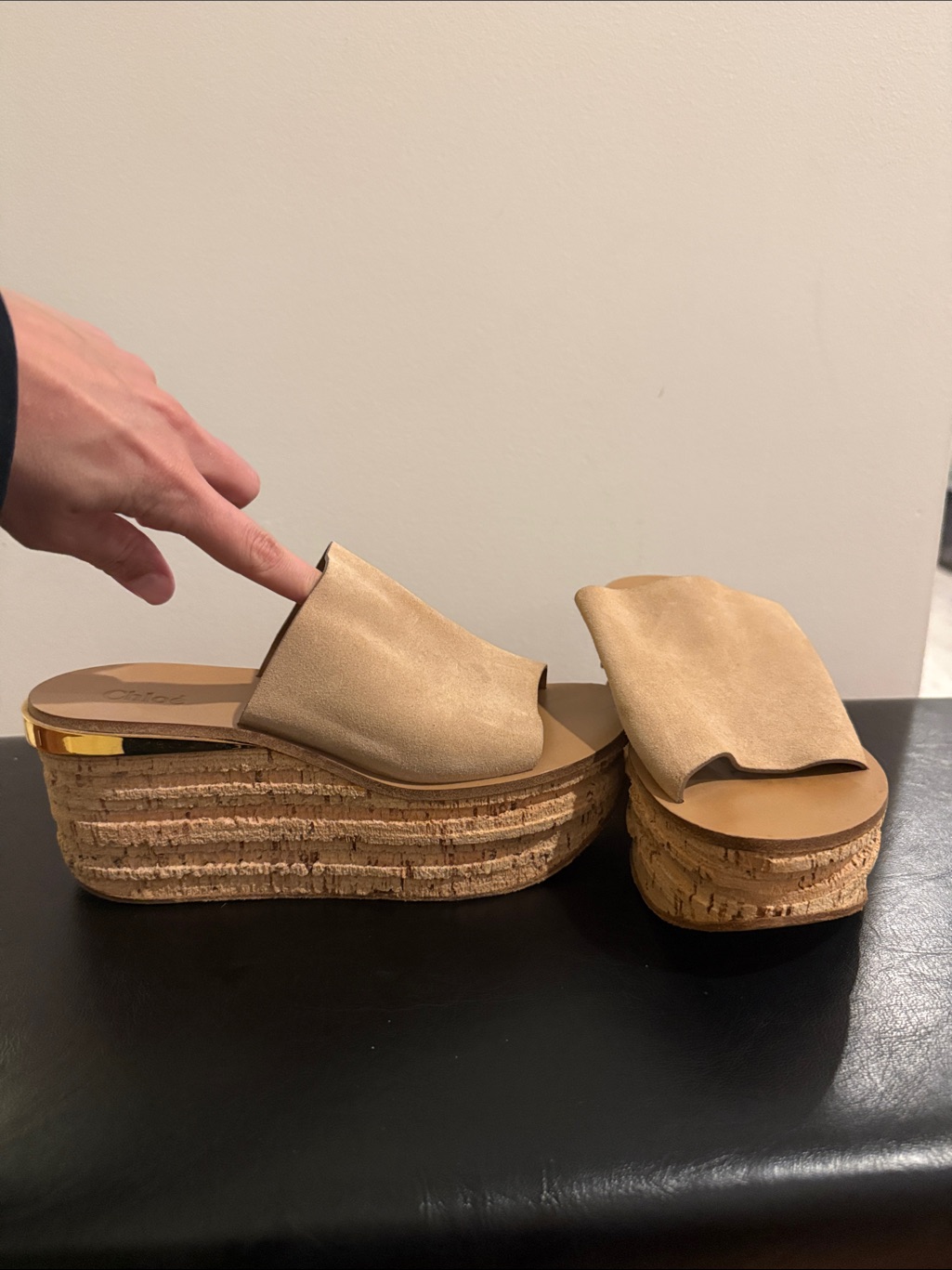 Chloe Taupe Leather Cork Platform Slide Sandals - Women